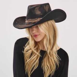 Distressed Fabric Band Feather Cowgirl Fedora Hat