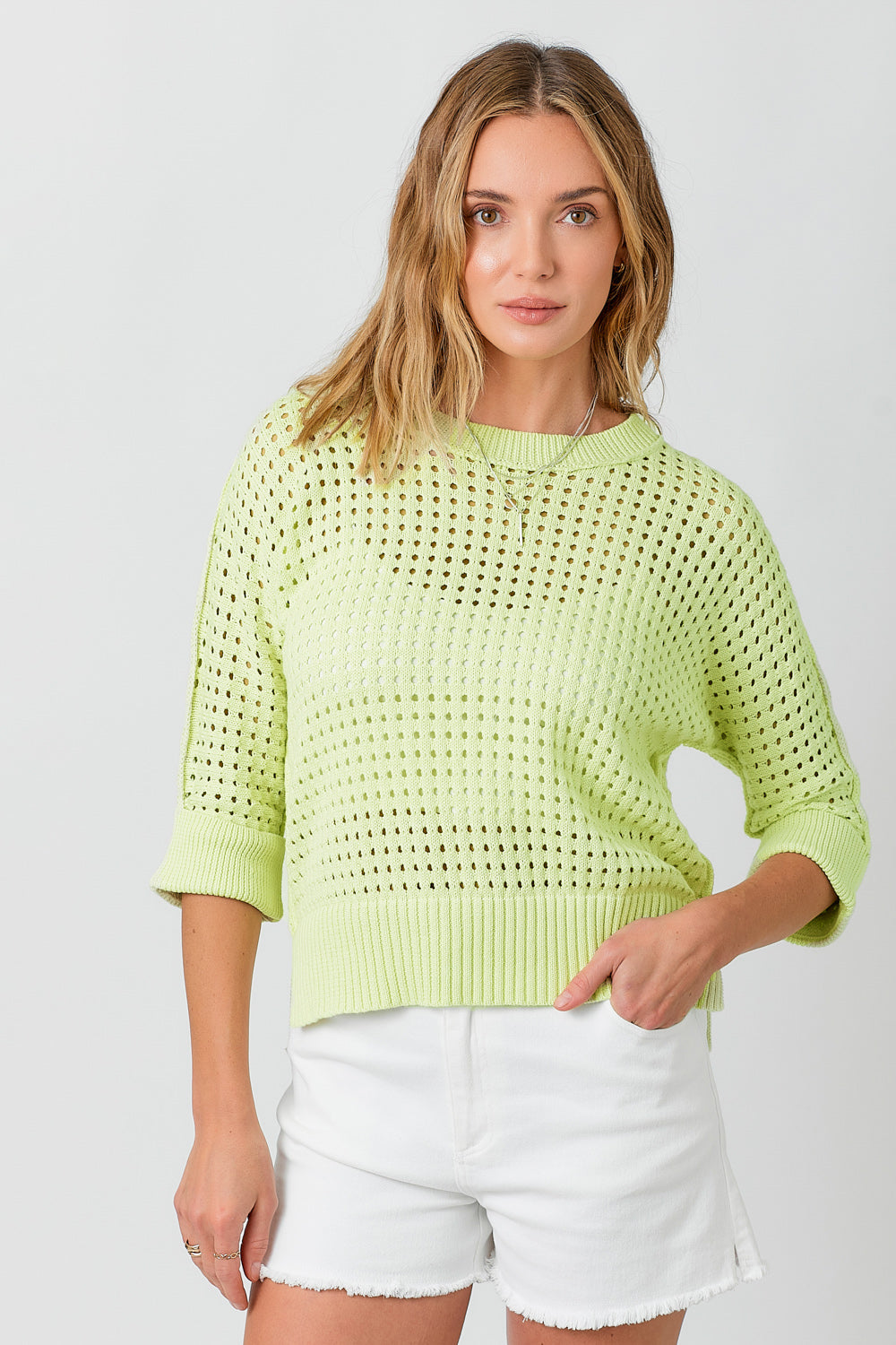 Open Stitch High Low Sweater- Lime