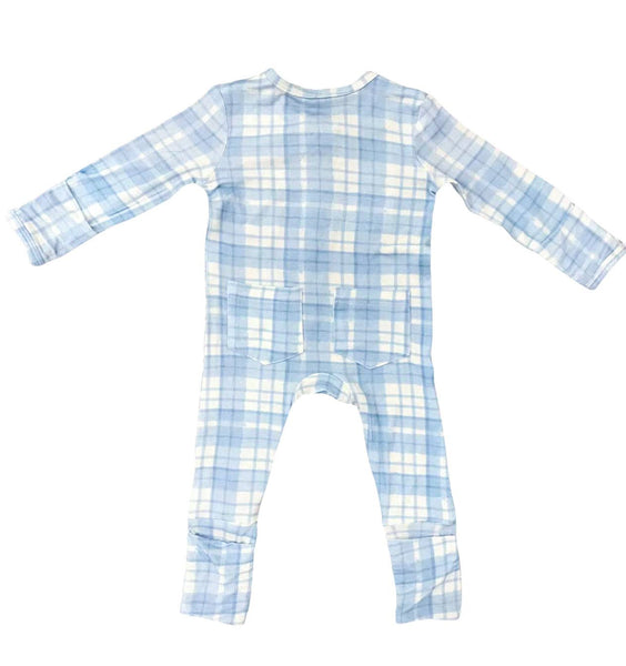 Rockin Royalty - Baby Blue Plaid Zip Footie