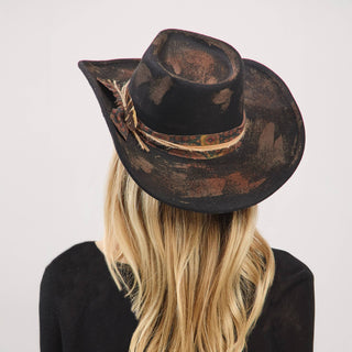 Distressed Fabric Band Feather Cowgirl Fedora Hat