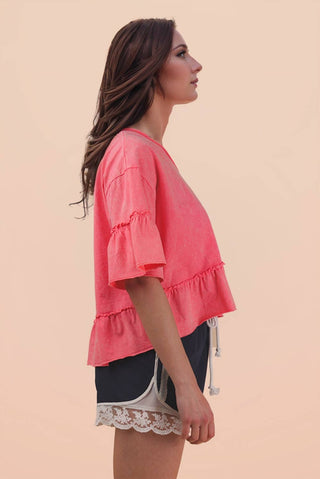 Mineral Washed Ruffle Detail Knit Top