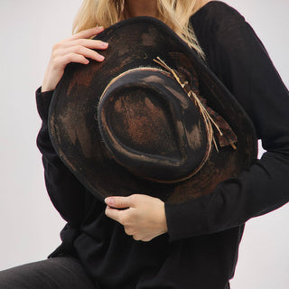 Distressed Fabric Band Feather Cowgirl Fedora Hat