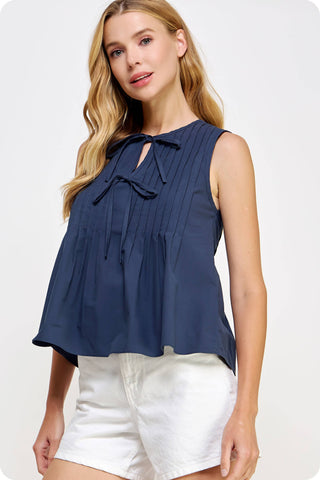 Pintuck Tie Detail Poplin Sleeveless Top