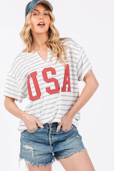 Striped USA Lettering Patch T-Shirts