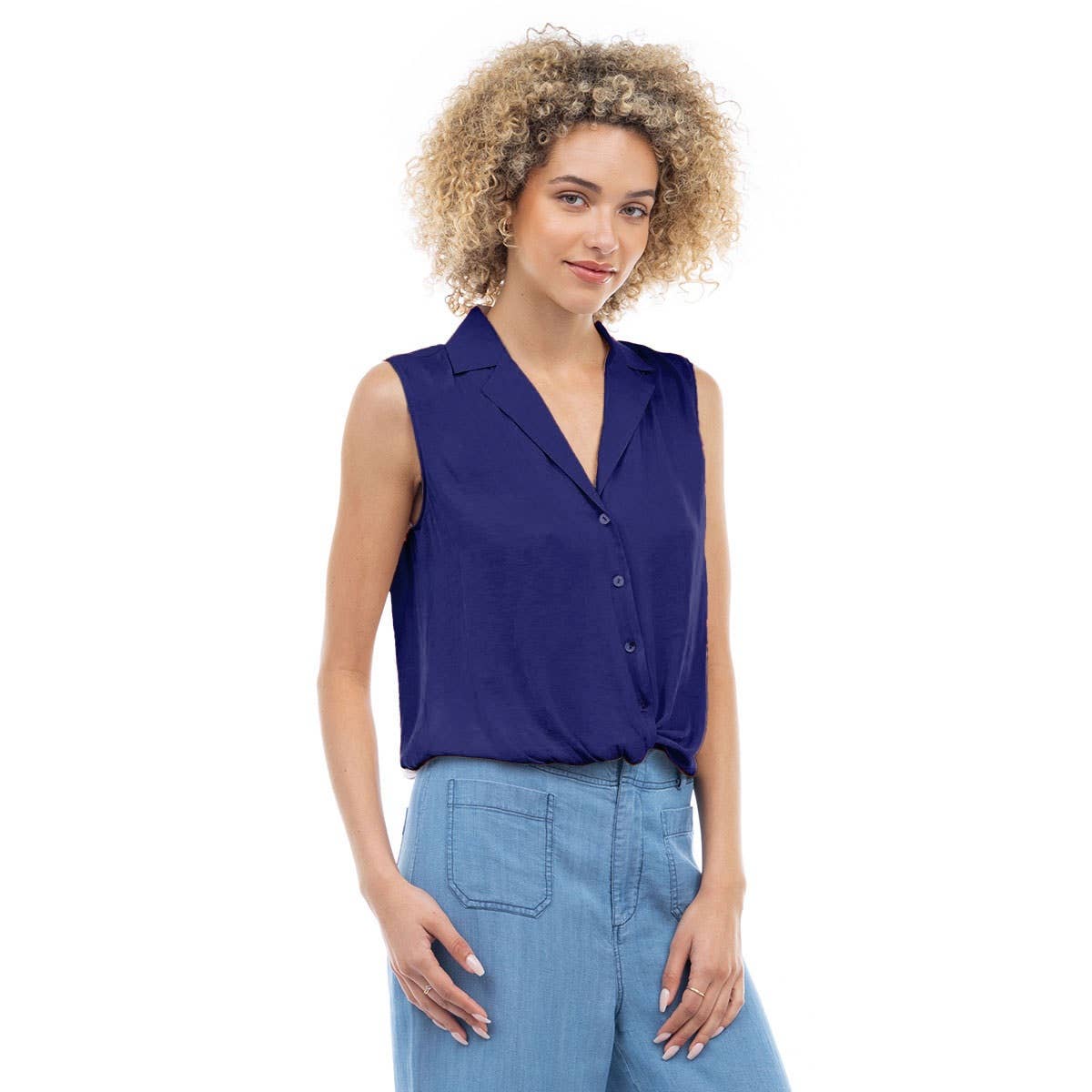 Knotted Sleeveless Collared Top-Navy