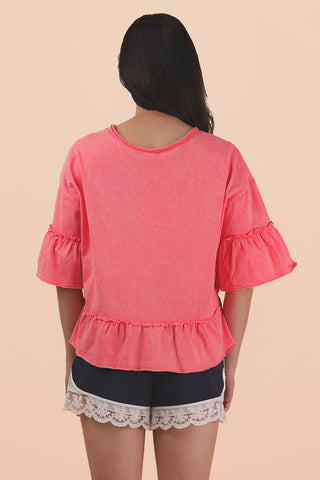 Mineral Washed Ruffle Detail Knit Top