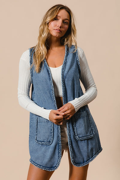 Brenda Braided Denim Long Vest