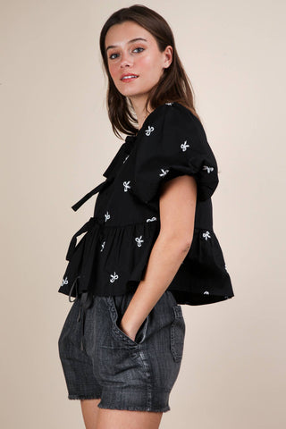 The Bella Front Tie Bow Embroidered Blouse Top