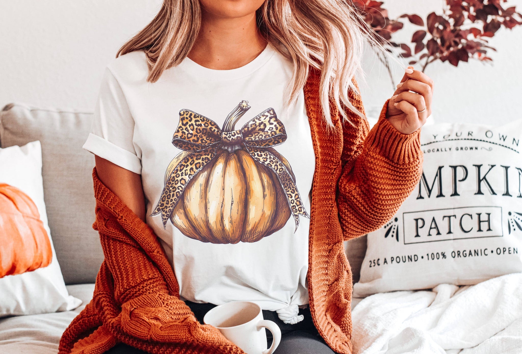 Pumpkin Leopard Bow Fall Womens Graphic Tee