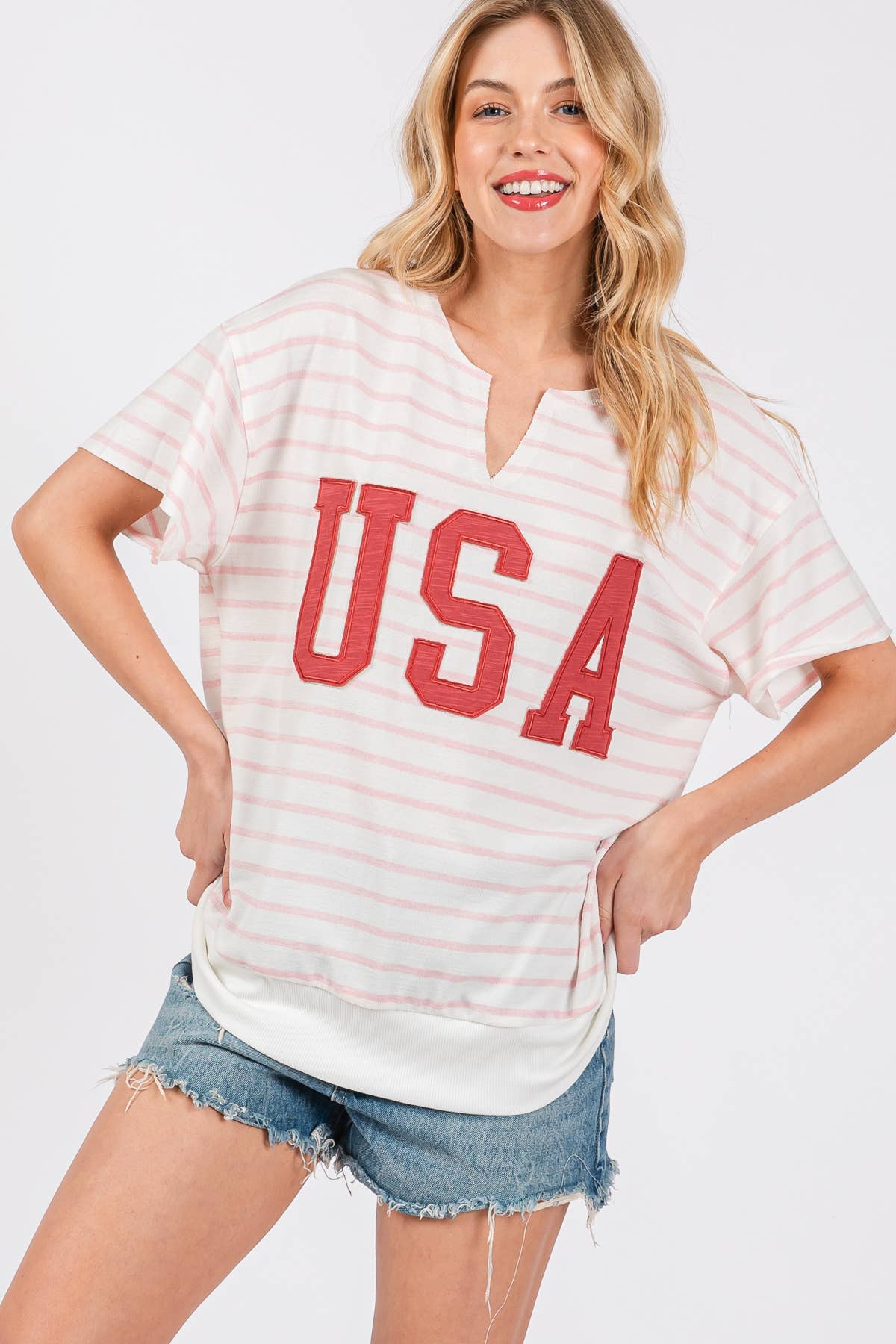 Striped USA Lettering Patch T-Shirts