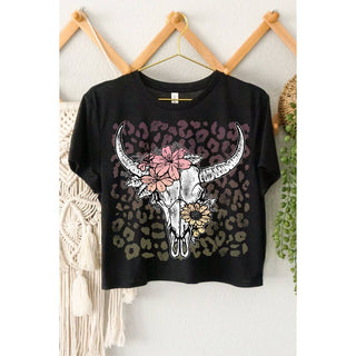 Cow Floral Skull Cropped Graphic Tee