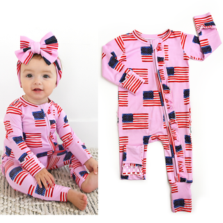 Gigi and Max - Betty Pink Flag Ruffle Zip Bamboo4th of July Sleepies Little