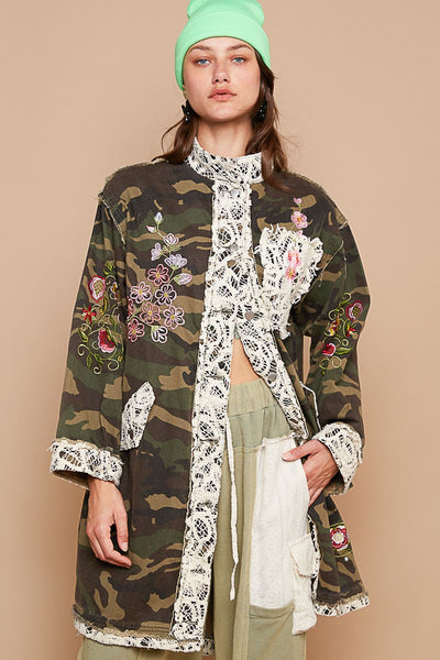 Camo Crochet Trim Coat