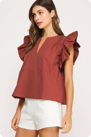 the Strut Flutter Ruffle Sleeve Poplin Top