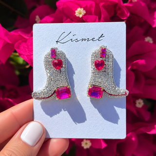 Dolly Pink Crystal Heart Cowgirl Boot Hand Made Embellished  Beaded Stud Earrings