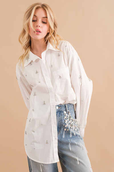 Cotton Poplin Jewel Stud Embellished Shirt Blouse: