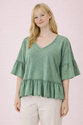Mineral Washed Ruffle Detail Knit Top