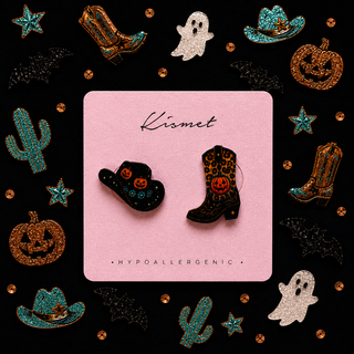 Jack-o’-lantern Cowgirl Hat and Boot Stud Earrings