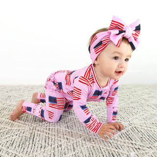 Gigi and Max - Betty Pink Flag Ruffle Zip Bamboo4th of July Sleepies Little