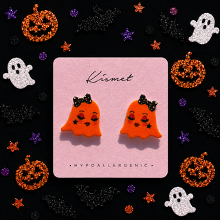 Blushing Bright Orange Ghost with Bow Stud Earrings