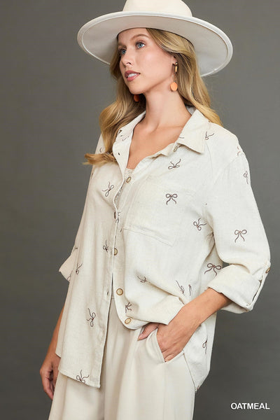 Brenda Linen Blend Bow Button Down