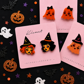 Blushing Bright Orange Ghost with Bow Stud Earrings