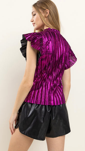 Vanity Metallic Rib Ruffle Top- Pink