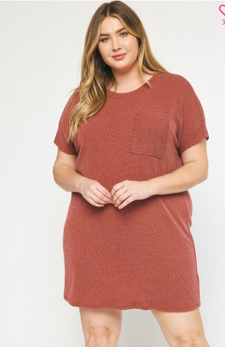 Plus Ribbed Round Neck Short Sleeve Dress