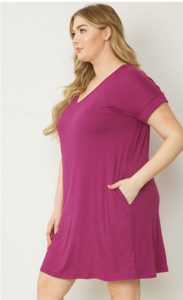 Plus Solid V Neck Short Sleeve Dress