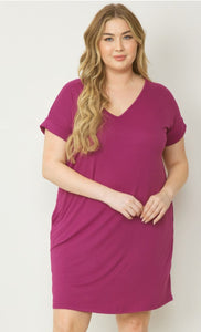 Plus Solid V Neck Short Sleeve Dress