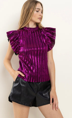 Vanity Metallic Rib Ruffle Top- Pink