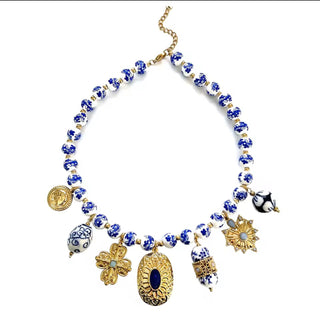 Betty Blue and White Statement Charm Necklace
