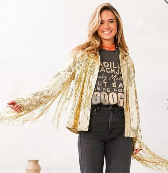 Stella Sequins Fringed Jacket- Gold