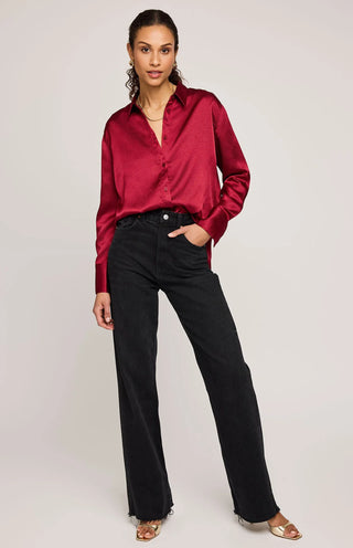 Simone Satin Button Down Shirt-Crimson