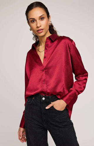 Simone Satin Button Down Shirt-Crimson