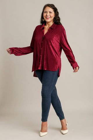 Stripped Velvet Button Down Shirt with Chest Pocket