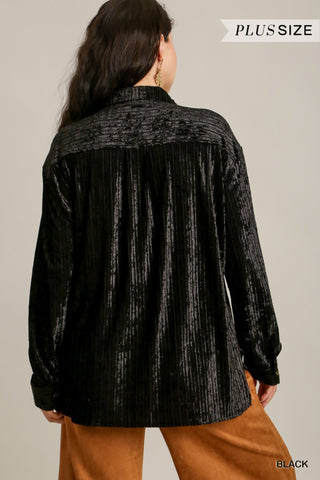 Stripped Velvet Button Down Shirt with Chest Pocket