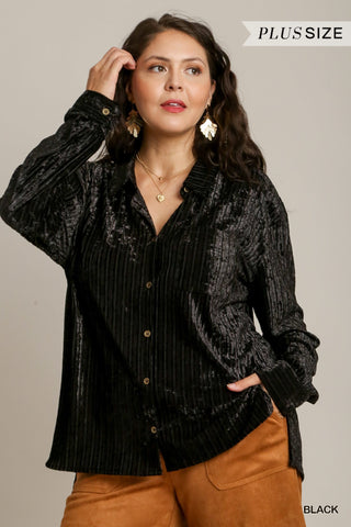 Stripped Velvet Button Down Shirt with Chest Pocket