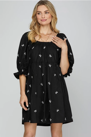 The Bella Bow Embroidery Tiered Black Dress