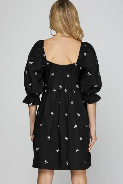 The Bella Bow Embroidery Tiered Black Dress