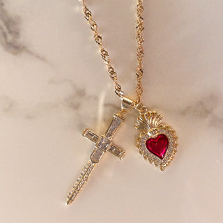 Sacred Heart Sword Double Charm Pendant Necklace