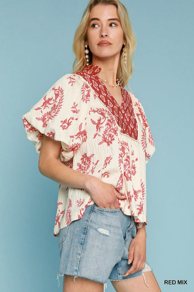 Boho Print Puff Sleeve Blouse