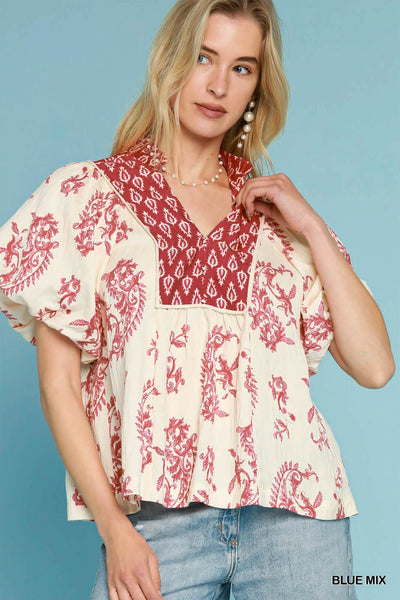 Boho Print Puff Sleeve Blouse