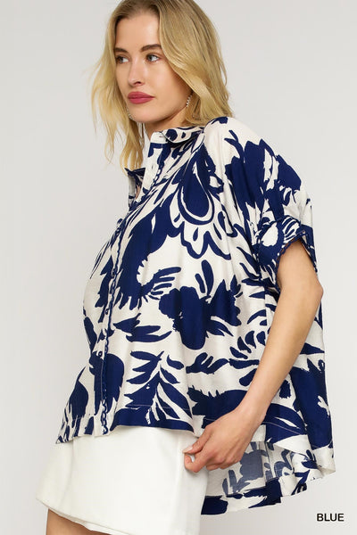 Bold Floral Print Button-Up Blouse