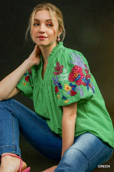 Nellie Split Neck Top with Embroidered Sleeves