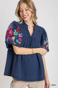 Nellie Split Neck Top with Embroidered Sleeves