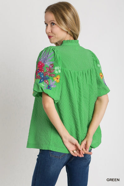 Nellie Split Neck Top with Embroidered Sleeves