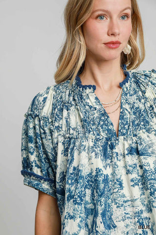 Abstract Print Top with Ruffled Neckline