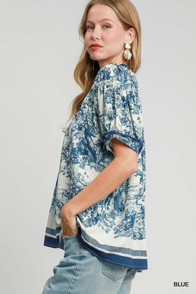 Abstract Print Top with Ruffled Neckline