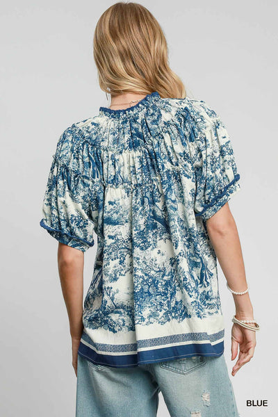 Abstract Print Top with Ruffled Neckline